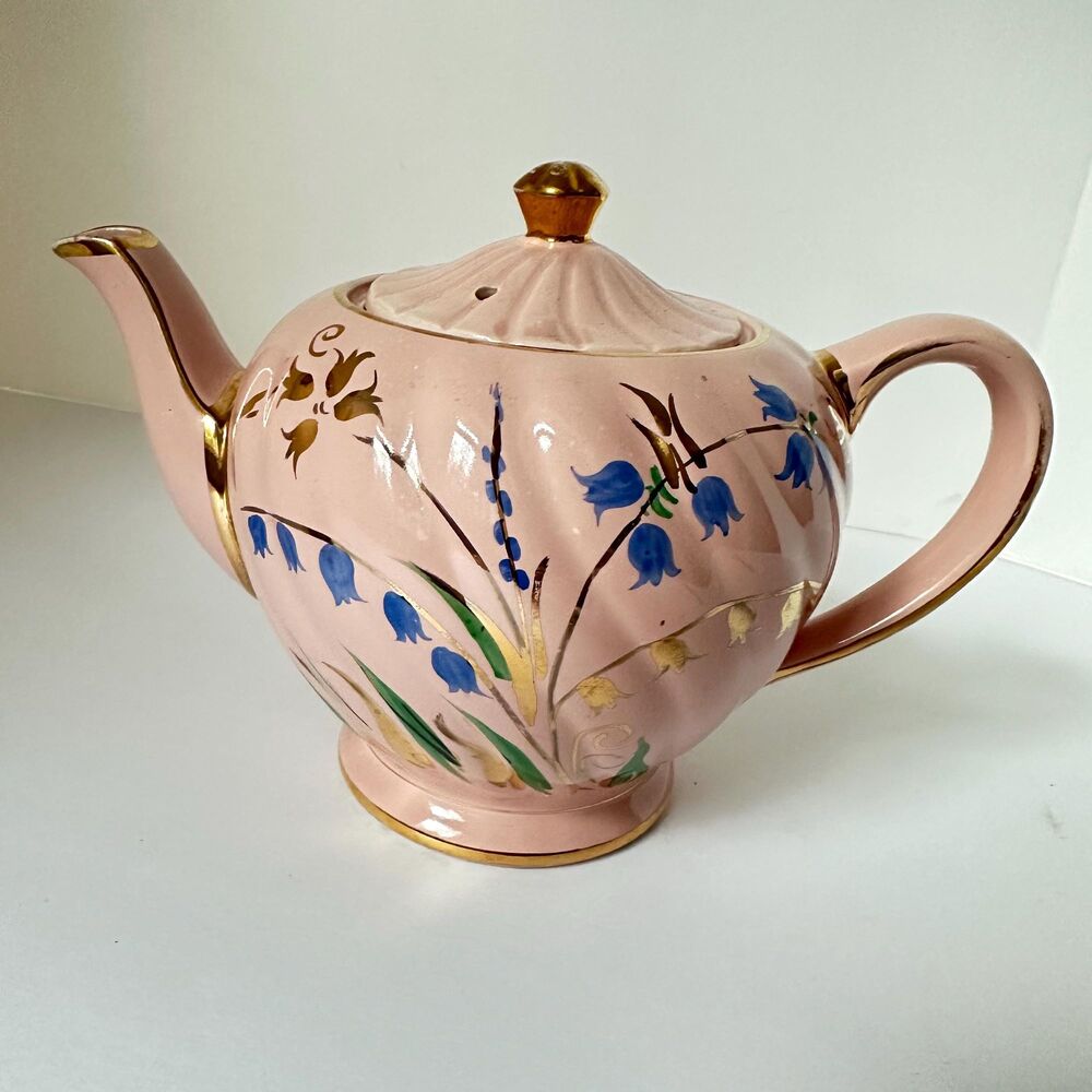 Vtg Sadler England Pink Teapot Bluebells Pattern 1604 Gold Gilt Ceramic Tea Pot